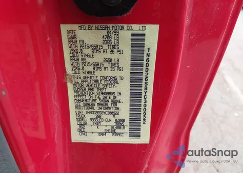 2000 Nissan Frontier Xe z USA, uszkodzony, nr VIN 1N6DD26S8YC300922